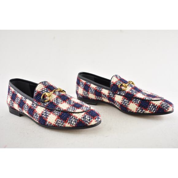 Gucci New Jordaan Blue Red White Black Tweed Check Loafer Mule Slipper Flat 38.5 - Picture 4 of 14